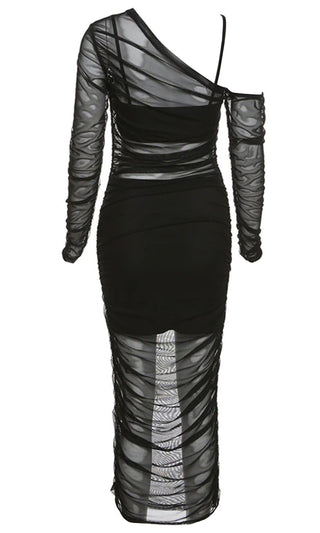 Sheer Essence <br><span> Black Sheer Mesh Long Sleeve One Shoulder Asymmetric Ruched Bodycon Midi Dress</span>