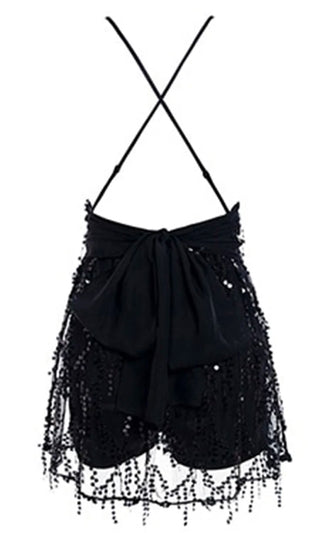 Catch A Falling Star Black Sequin Fringe Sleeveless Spaghetti Strap Backless Bow Plunge V Neck Flare Mini Dress