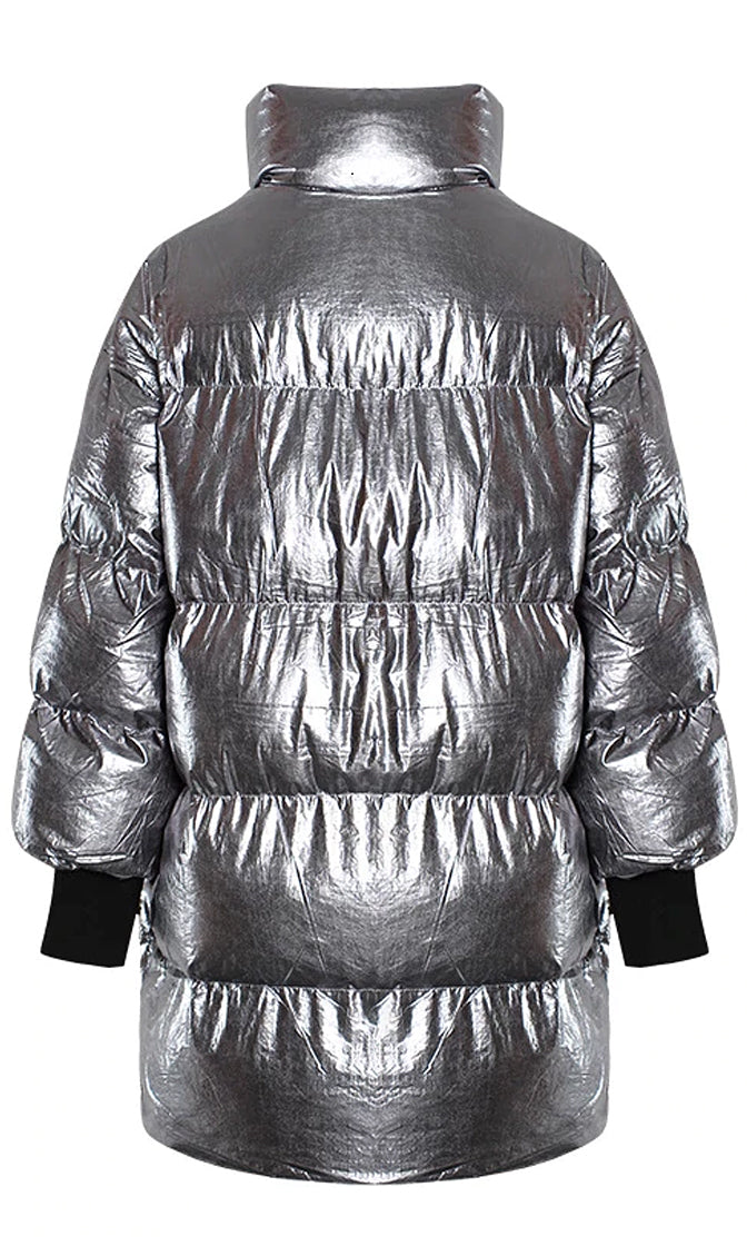 Armored Up , Silver Long Sleeve Down Quilted Oversized Ribbon Trim  Asymmetric Puffy Winter Coat Outerwear