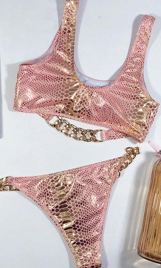 Feel The Burn <br><span> Pink Snakeskin Animal Pattern Sleeveless Scoop Neck Crop Top Cut Out Chain Strap Thong Two Piece Bikini Swimsuit </span>