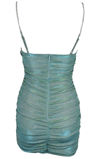 Celebrate In Style Mint Sleeveless Rhinestone Spaghetti Strap Square Neck Sparkle Glitter Ruched Bodycon Mini Dress