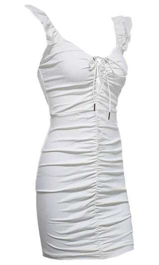 The Other Woman White Ruffle Cap Sleeve V Neck Lace Up Ruched Bodycon Mini Dress
