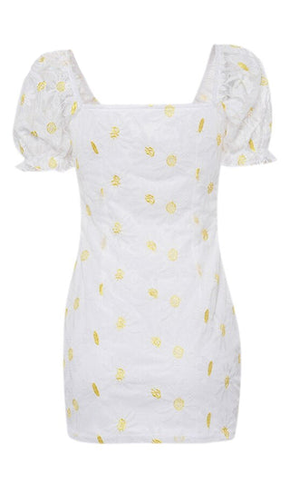 Accept Me White Yellow Daisy Floral Pattern Sheer Mesh Short Puff Sleeve Square Neck Bodycon Casual Mini Dress