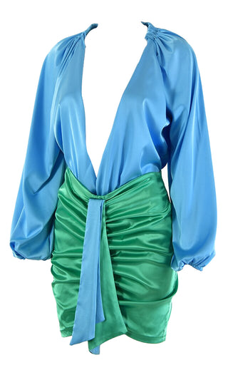 My Fantasy Blue Green Two Piece Set Long Lantern Sleeve Ruched Plunging Deep V Neck Sash Drape Bodycon Mini Dress