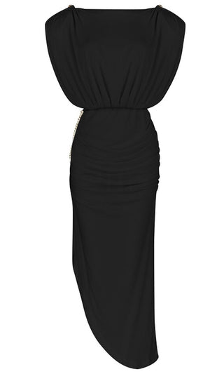 Pure Romance Black Padded Shoulder Short Sleeve Boat Neck Ruched Draped Gold Chain High Low Side Slit Midi Dress