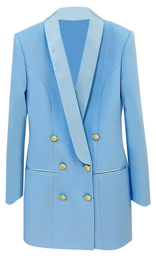 Touch Of Sass <br><span>Blue Satin Lapel Double Breasted Button Long Sleeve Welt Pocket Blazer Mini Dress</span>