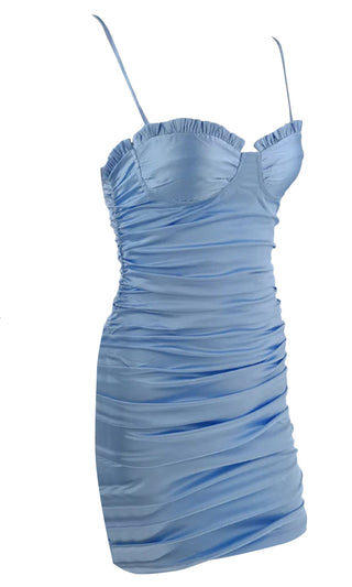 Sparkling Eyes Light Blue Satin Sleeveless Spaghetti Strap Ruffle Cup Bustier Sweetheart Neck Ruched Bodycon Mini Dress