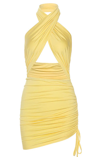 Sleeveless Cross Twist Halter Neck Keyhole Cut Out Open Back Ruched Drawstring Bodycon Mini Dress