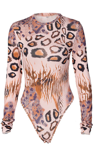 Hello Kitty Cat Brown Animal Print Long Sleeve Round Neck Bodysuit Top