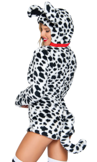 Puppy Power <br><span>Black White Animal Pattern Long Sleeve Faux Fur Hood Zip Bodysuit Halloween Costume</span>