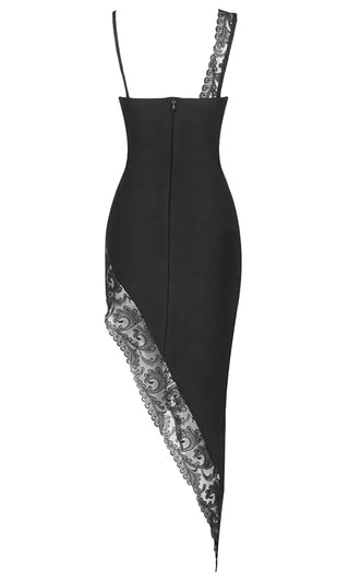 Lucky In Love<br><span> Sheer Mesh Lace Sleeveless One Shoulder Asymmetrical Cut Out Bust High Low Bandage Bodycon Midi Dress</span>