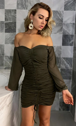 Her Desire Long Puff Sleeve Off The Shoulder V Neck Ruched Drawstring Bodycon Mini Dress