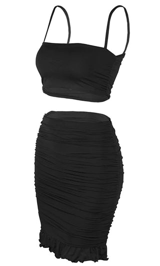 Dangerous Curves Ahead Ruched Sleeveless Spaghetti Strap Square Neck Crop Top Ruffle Bodycon Two Piece Mini Dress - 4 Colors Available