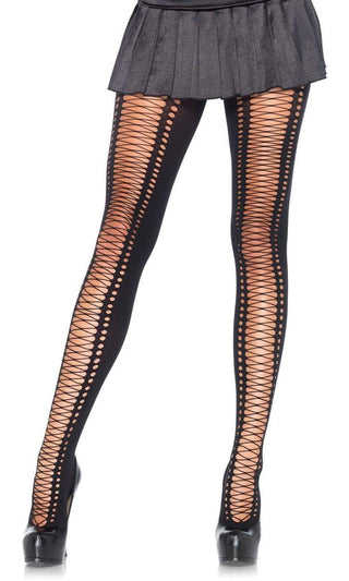 Sheer Intentions<br><span> Black Faux Lace Up Sheer Mesh Crochet Tights Pantyhose</span>