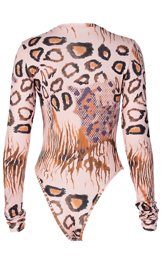 Hello Kitty Cat Brown Animal Print Long Sleeve Round Neck Bodysuit Top