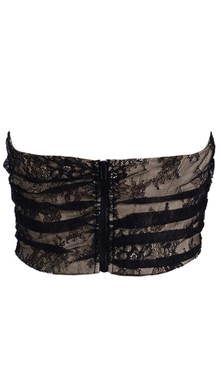 Look The Part Sheer Mesh Lace Strapless Draped Scoop Neck Cut Out Hem Bustier Crop Top
