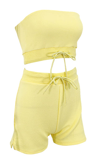 Candy Crush Yellow Strapless Drawstring Crop Tube Top Shorts Romper Two Piece Set