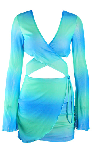 Taking Off <br><span>Blue Green Tie Dye Pattern Long Sleeve Cross Wrap V Neck Cut Out Waist Bodycon Wrap Mini Dress</span>