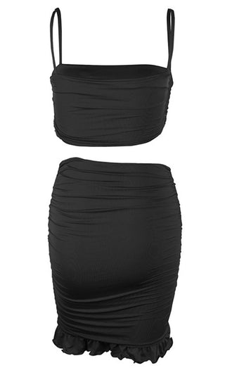 Dangerous Curves Ahead Ruched Sleeveless Spaghetti Strap Square Neck Crop Top Ruffle Bodycon Two Piece Mini Dress - 4 Colors Available