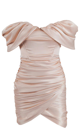 Sweet Temptations Pink Off the Shoulder Strapless Short Sleeve Satin Draped Ruched Body Con Tulip Hem Mini Dress