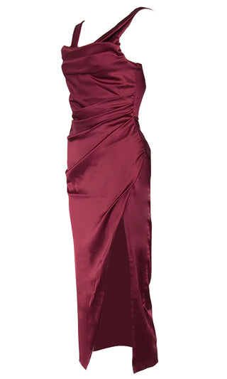 Holiday Sensation Burgundy Sleeveless Draped Side Split Bodycon Midi Dress