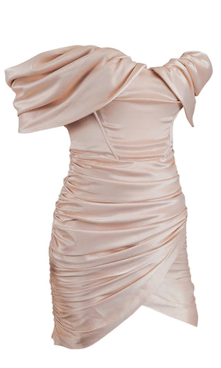 Sweet Temptations Pink Off the Shoulder Strapless Short Sleeve Satin Draped Ruched Body Con Tulip Hem Mini Dress