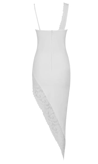 Lucky In Love<br><span> Sheer Mesh Lace Sleeveless One Shoulder Asymmetrical Cut Out Bust High Low Bandage Bodycon Midi Dress</span>