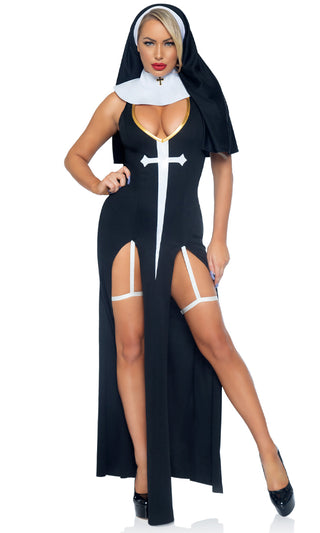 Sultry Sinner <br><span>Black White Gold Detail Sleeveless Plunge Neckline Dual Slit Garter Maxi Dress 3 Piece Halloween Costume</span>