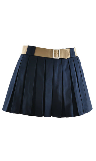 Kick It With Me <br><span>Dark Bue Pleated Flare Contrast Belted Waist Casual A Line Mini Skirt</span>