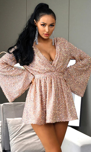 Bedroom Eyes Rose Gold Pink Champagne Sequin Long Sleeve Plunge V Neck Wrap Open Back Belted Mini Dress