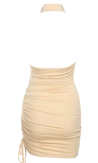 Sleeveless Cross Twist Halter Neck Keyhole Cut Out Open Back Ruched Drawstring Bodycon Mini Dress