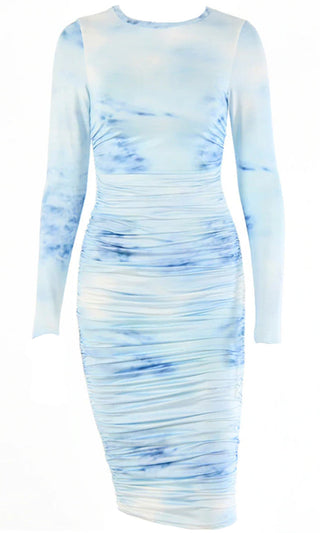 All Together Again <span><br> Blue Tie Dye Pattern Long Sleeve Crew Neck Ruched Bodycon Midi Dress<br>