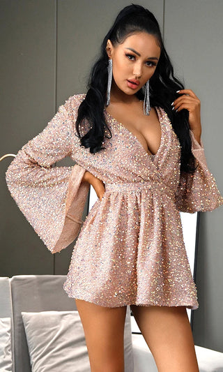 Bedroom Eyes Rose Gold Pink Champagne Sequin Long Sleeve Plunge V Neck Wrap Open Back Belted Mini Dress
