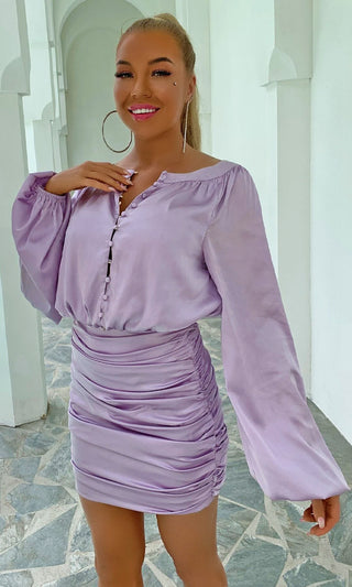 Coming To Life Purple Long Lantern Sleeve V Neck Button Ruched Bodycon Mini Dress
