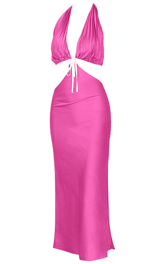 Summer Stunner <br><span>Fuchsia Pink Satin Sleeveless Spaghetti Strap Ruched Halter Plunge V Neck Cut Out Sides Backless Maxi Dress</span>