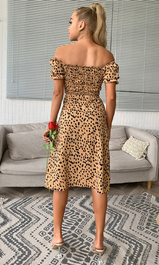 She's Confident Black Beige Leopard Print Animal Pattern Short Puff Sleeve Off The Shoulder Side Slit Casual Midi Dress