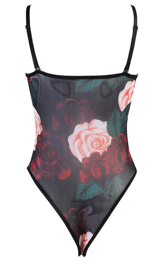 About To Blossom Black Pink Floral Pattern Sheer Mesh Sleeveless Spaghetti Strap Bustier Bodysuit Top