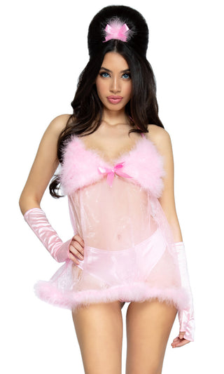 Fem Babe <bR><span>Light Pink Sleeveless V Neck Marabou Bra Satin Panty Organza Babydoll Mini Dress 4 Piece Halloween Costume</span>
