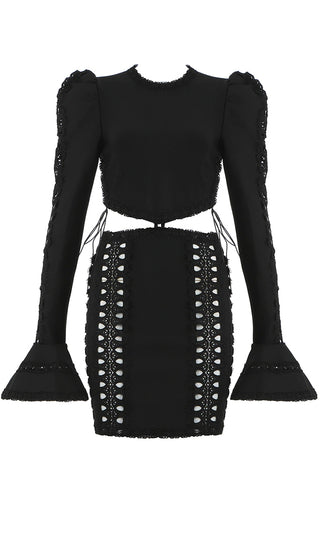 She's A Muse Black Bandage Lace Up Puff Shoulder Mock Neck Long Sleeve Cut Out Bodycon Mini Dress