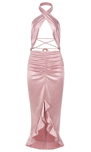 Wish For This<br><span> Pink Satin Sleeveless Cut Out Crisscross Halter Neck Ruched Ruffle Backless Bodycon Midi Dress</span>