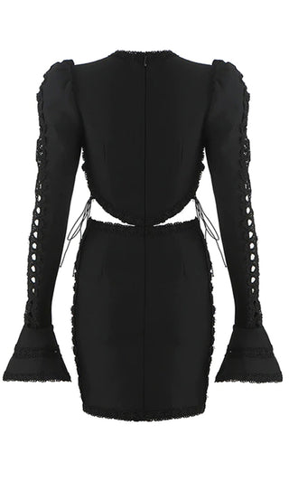 She's A Muse Black Bandage Lace Up Puff Shoulder Mock Neck Long Sleeve Cut Out Bodycon Mini Dress