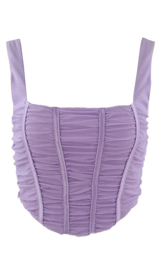 Love Me Now Lavender Sheer Mesh Sleeveless Ruched Square Neck Bustier Crop Top