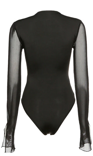 Sexy Angel Black Sheer Mesh Long Sleeve Cut Out Strappy Asymmetric Bodysuit Top