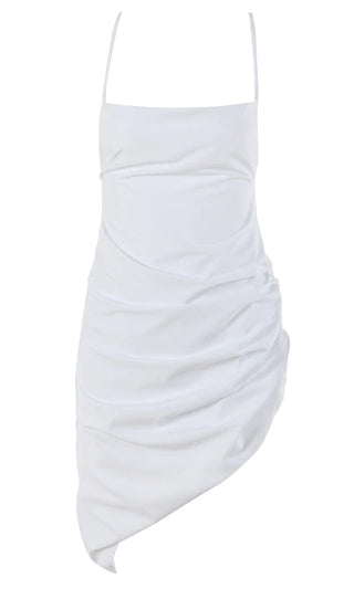 One More Second White Sleeveless Spaghetti Strap Backless Square Neck Ruched Asymmetric Mini Dress