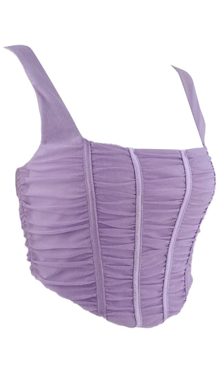 Love Me Now Lavender Sheer Mesh Sleeveless Ruched Square Neck Bustier Crop Top