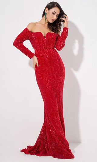 Time To Sparkle <br><span> Red Sequin Long Sleeve Off The Shoulder V Neck Mermaid Maxi Dress</span>