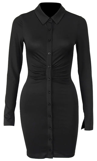 Fire Hazard Black Long Sleeve Button Down Collar Bodycon Mini Shirt Dress
