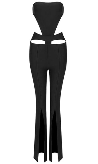 Jump To It <br><span>Black Strapless Square Neck Cut Out Sides Front Slit Straight Leg Bodycon Jumpsuit</span>