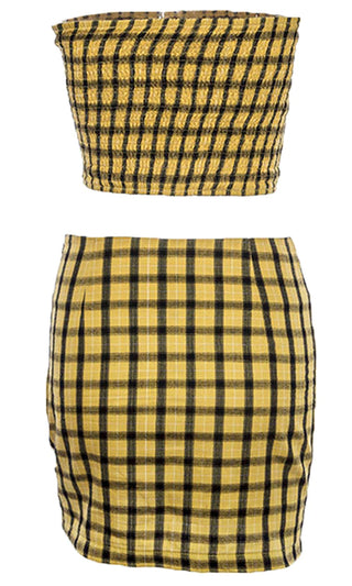 Flying Free Yellow Black Check Plaid Pattern Strapless Smocked Crop Top Bodycon Two Piece Mini Dress - As Seen On Nicole Thorne