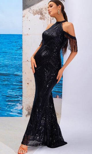 Steal The Spotlight <br><span> Black Sequin Halter High Neck Cut Out Cold Shoulder Fringe Sleeve Fishtail Mermaid Maxi Dress</span>